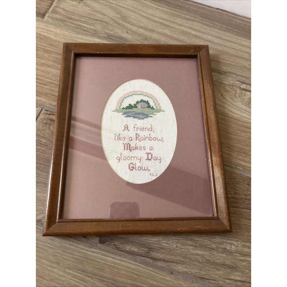 Vintage 1980s Framed Needlepoint Rainbow Friendship Quote Wall Art 9x11
